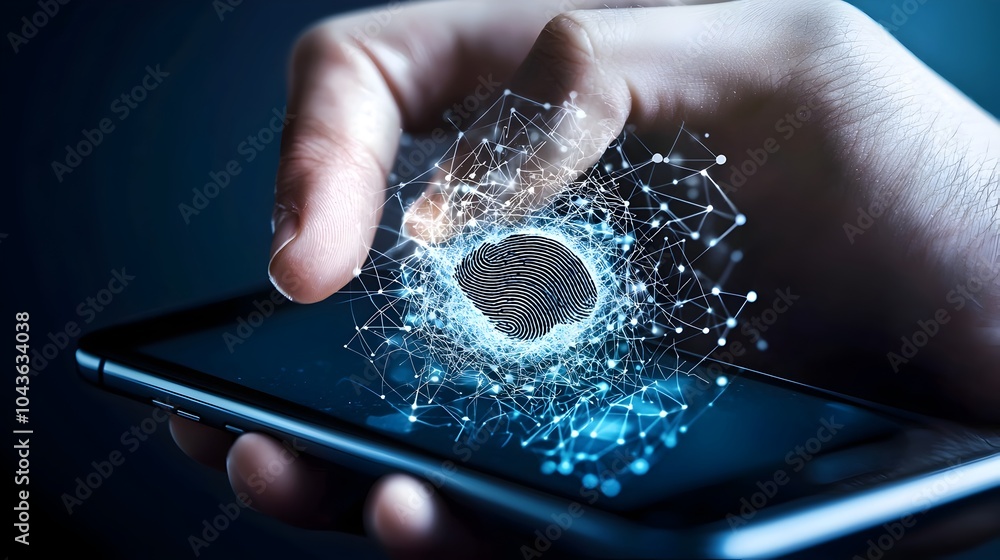 Aufkleber ghostly hands reaching from a smartphone screen to steal digital fingerprints representing the vulne