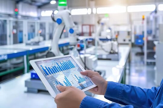 Man showcasing iPad with data graphs in front of active robotic arms within a factory, blurred background highlighting hands and tablet with numerical tables and performance charts, depicting modern i