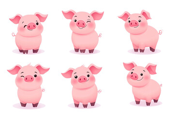 Obraz premium A series of cartoon pigs are standing in a row, each with a different expression. on transparent background.