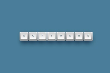 Software spelled with keyboard keys on blue background.