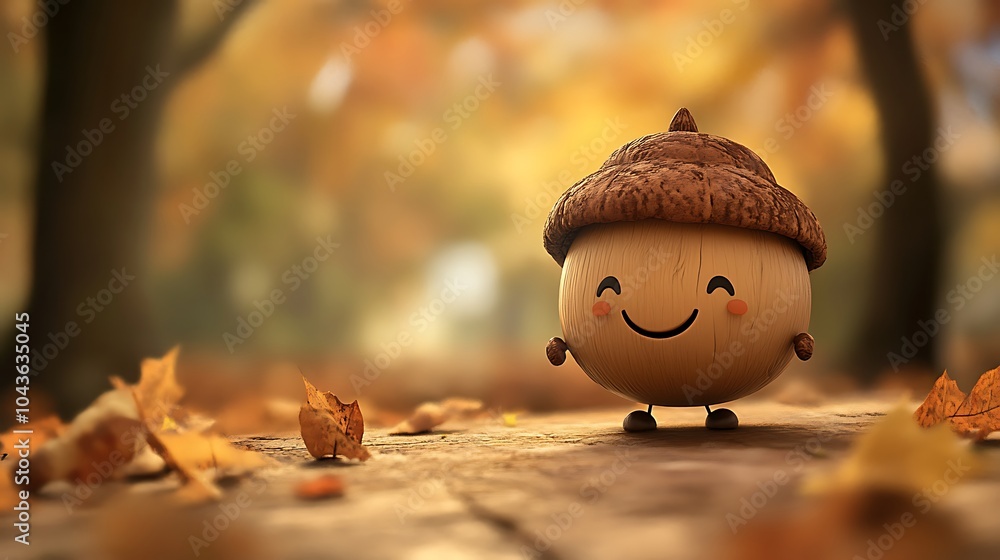 Poster happy 3d acorn character in autumn setting