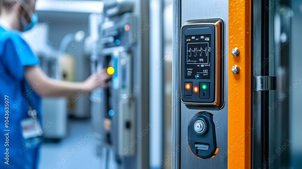 Poster Keycard Reader System Installed on the Door to an X Ray Room with Indicator Lights Signaling Access and Security Status