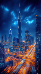 Fototapeta premium Tall buildings and light trails in the dark sky