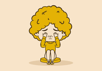 Cute curly girl chibi character in crying pose