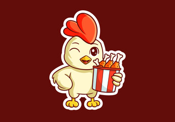 Cute mascot character of chicken or rooster holding a cup of fried chicken