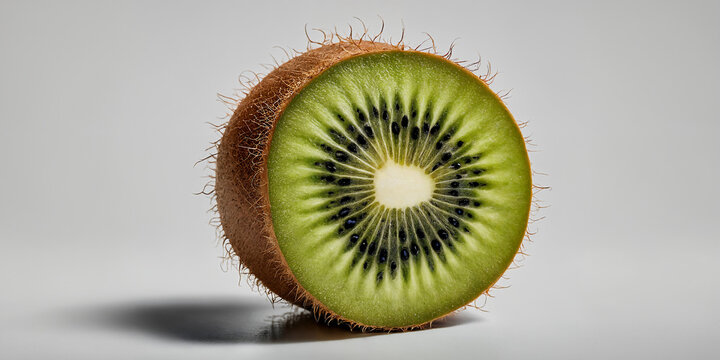 Nahaufnahme einer halben Kiwi mit feiner, haariger Schale und leuchtend gr&uuml;nem Fruchtfleisch, das die perfekt symmetrische Verteilung der schwarzen Samen hervorhebt