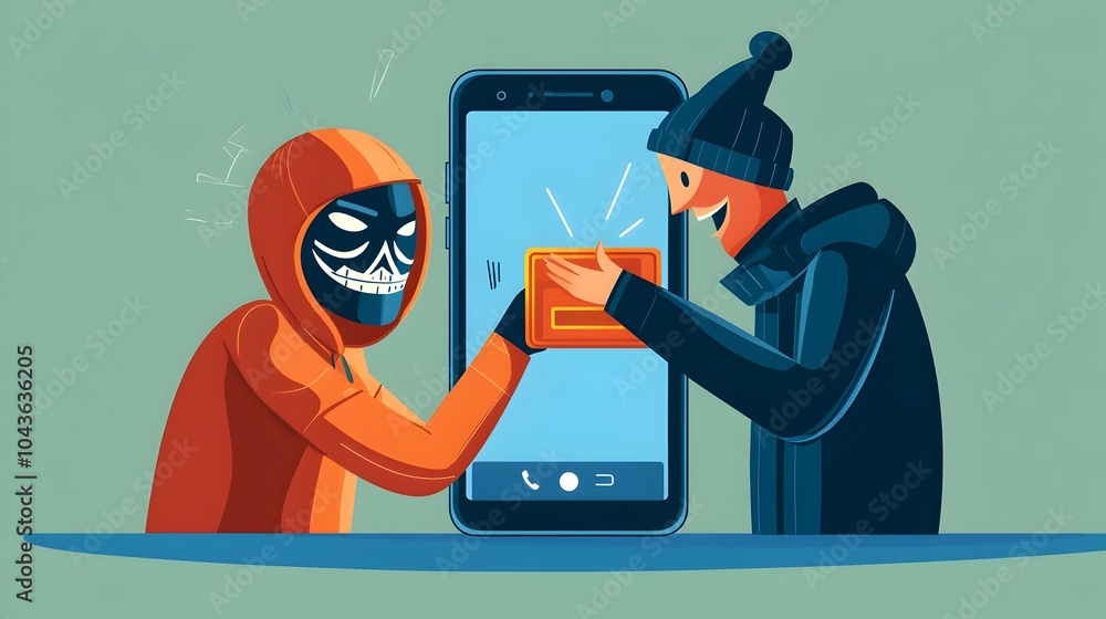 Aufkleber of a smiling masked thief surreptitiously stealing a digital wallet from a mobile phone screen repre