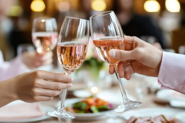 Three hands clinking glasses with pink champagne in celebratory toast, creating joyful atmosphere. background features blurred dining setting with warm lighting