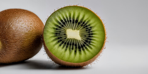 Fototapeta premium Nahaufnahme einer halben Kiwi mit leuchtend grünem Fruchtfleisch und perfekt verteilten schwarzen Samen, die die haarige Struktur der Schale kontrastreich hervorhebt