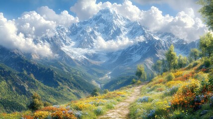 Fototapeta premium A serene mountain landscape with vibrant flowers and a clear sky.