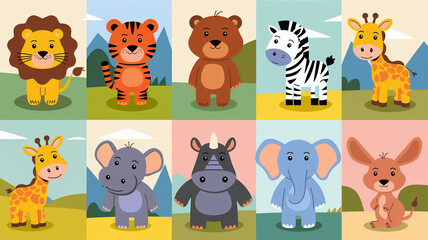 Obraz premium Cute Cartoon Animals Set Jungle Safari Wildlife