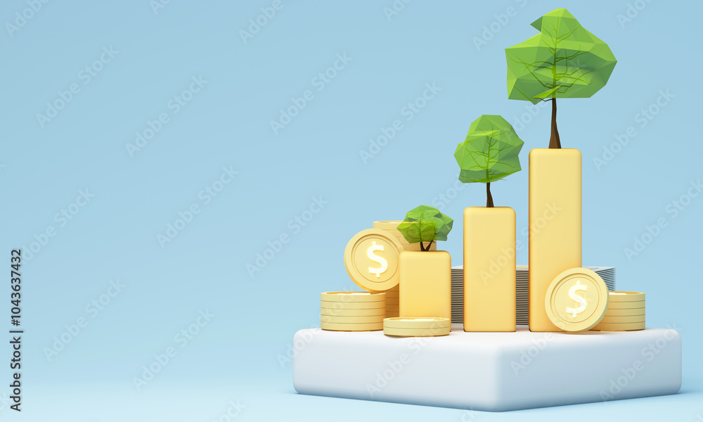 Poster trees growing from ascending stacks of coins, representing financial growth and investment success. 