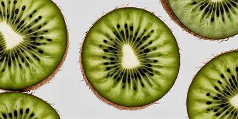 Fototapeta premium Mehrere Kiwi-Scheiben in einer symmetrischen Anordnung – intensives Grün und kontrastreiche schwarze Samen schaffen ein harmonisches und erfrischendes Bild