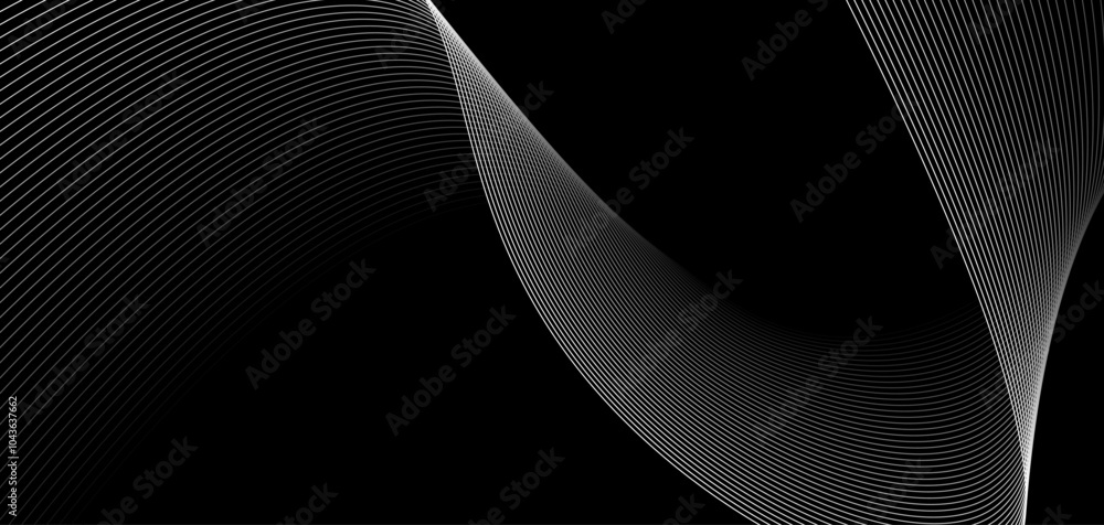 Poster wave pattern created with white lines on a black background depicting fluid movement and depth