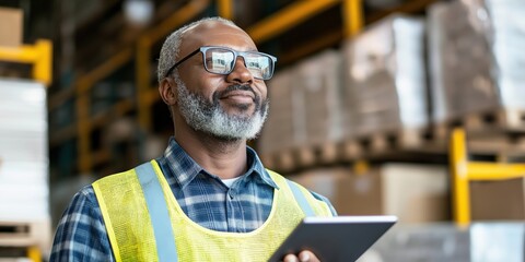 Warehouse manager using a digital tablet while supervising loading processes