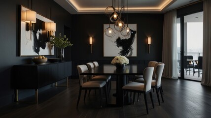 Modern dining room with black walls, wooden floor, and large windows overlooking a city.