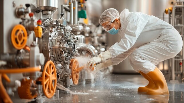 A worker in protective gear uses a pressure washer to clean a food processing facility floor, ensuring hygiene and safety standards.