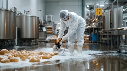 A worker in protective gear uses a pressure washer to clean a food processing facility floor, ensuring hygiene and safety standards.
