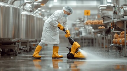 A worker in protective gear uses a pressure washer to clean a food processing facility floor, ensuring hygiene and safety standards.