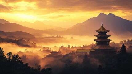 Golden Pagoda in Misty Mountains