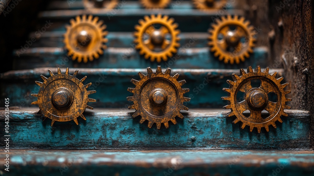 Poster visual representation of key business milestones using symbolic gears interlocking demonstrate conti