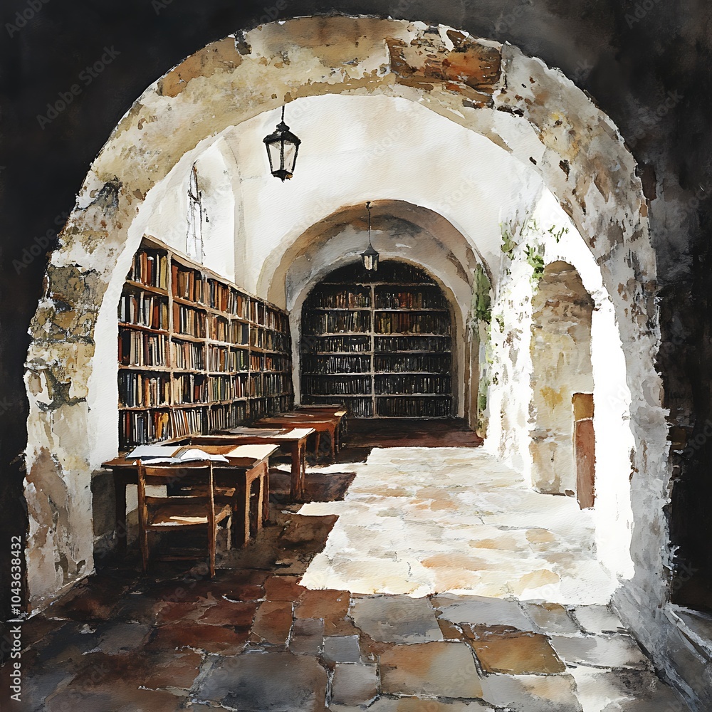 Wall mural Watercolor Painting of an Ancient Library Hallway.