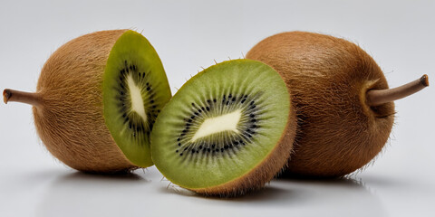 Fototapeta premium Zwei Kiwis, eine geschnitten und eine ganz, auf hellem Hintergrund – das grüne Fruchtfleisch und die gleichmäßig verteilten Samen bieten ein Bild von Frische und Natürlichkeit
