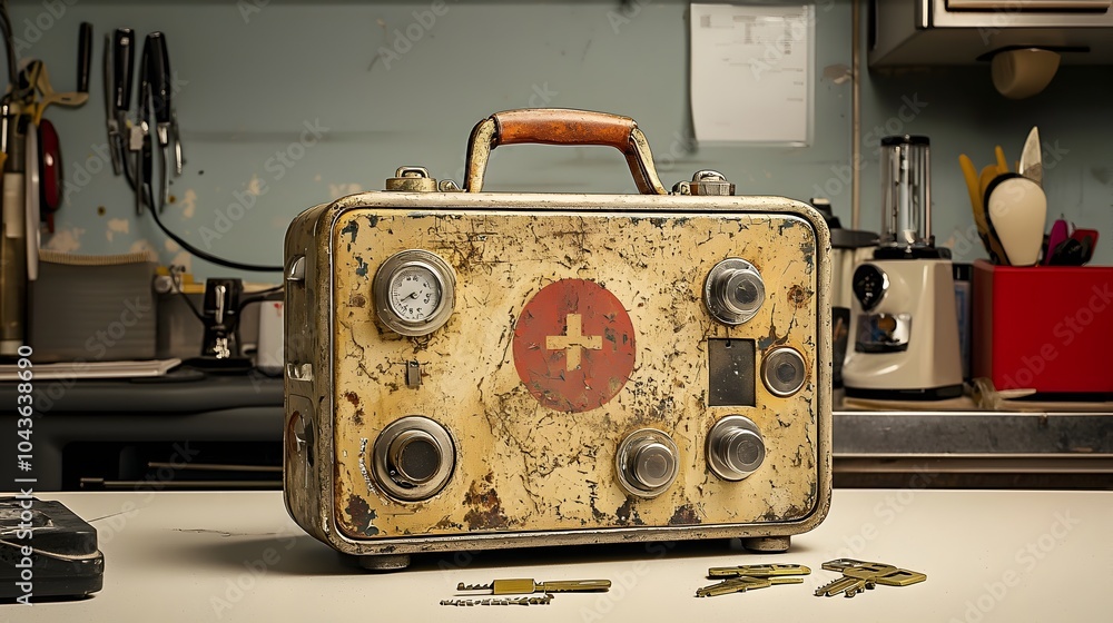 Poster Radiation shielded metal case designed to safely store and protect access keys or other sensitive electronic equipment on a counter or work surface in an industrial or technological setting