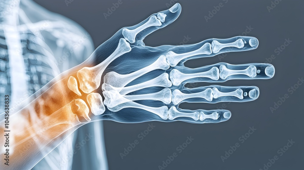 Poster Revealing the Skeletal Alignment in an X ray Image of a Hand   A unique digital overlay that showcases the intricate bone structure and inner workings of the human hand