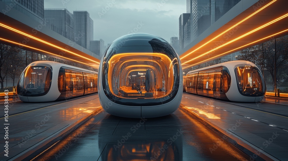 Poster a modern transportation hub features advanced, pod-like vehicles waiting for passengers, illuminated