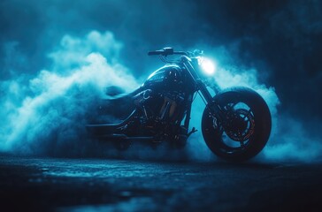 A motorcycle standing on wet asphalt at night, surrounded by smoke.
