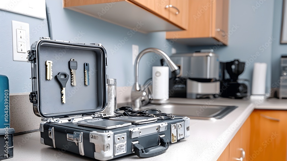 Poster Secure metal storage case designed for radiation shielding holding access keys placed on a counter or tabletop  The case provides protection and restricted control for sensitive equipment or data
