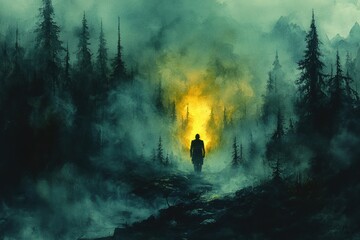 Mysterious Figure in Foggy Forest Landscape