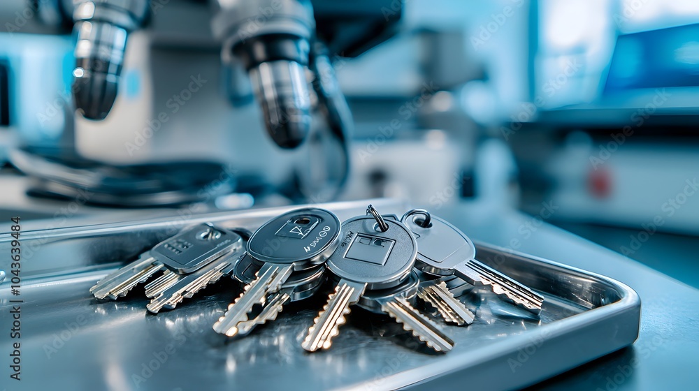 Poster set of digital x ray keys resting on a metal tray next to an operator console in a medical workspace