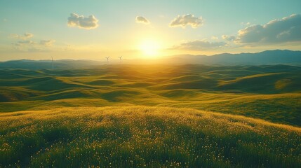 Fototapeta premium Aerial view of a sprawling wind farm on undulating hills, showcasing renewable energy in harmony with nature's landscape