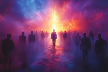 Fototapeta premium Ethereal Gathering of Silhouetted Figures in Colorful Light