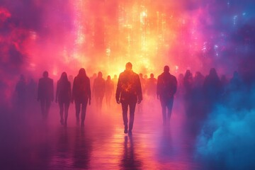 Fototapeta premium Mysterious figure walking through colorful foggy lights