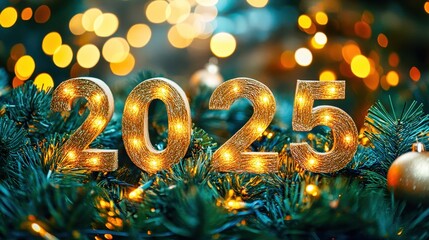 Golden 2025 numbers resting on pine branches with sparkling christmas lights