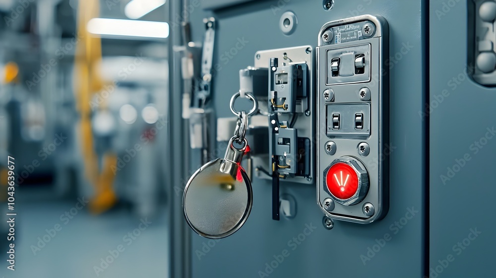 Fototapete Sleek and modern power control panel with various buttons knobs and a red emergency indicator light in an X ray room or medical facility