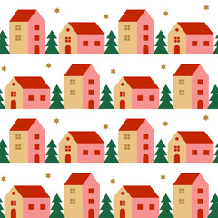 Fototapeta premium Christmas seamless patterns with houses and pine trees on white background. Template for winter holidays design. Vector illustration