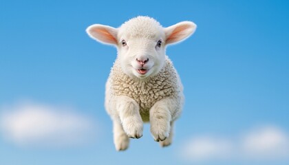 Fototapeta premium Joyful Lamb Frolicking in Sunlit Field under Clear Blue Sky - Medium Shot of Playful Animal in Nature Setting