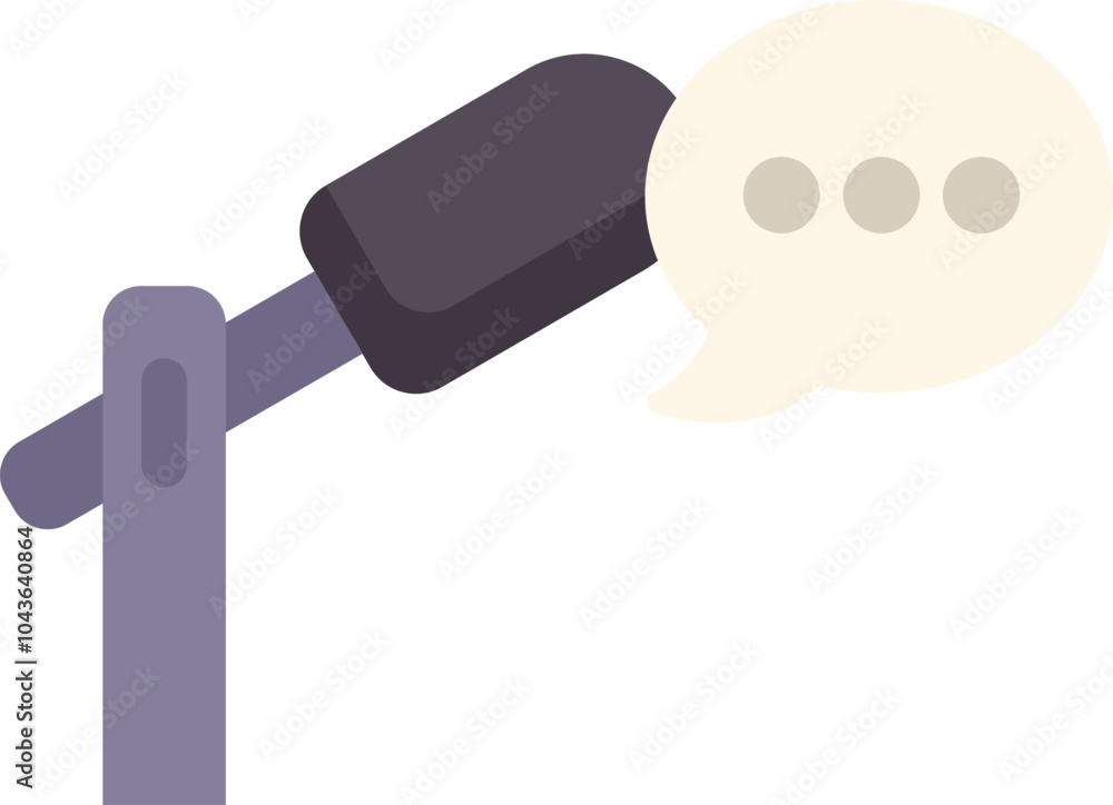 Poster microphone is broadcasting a speech bubble, representing the concept of communication and public spe