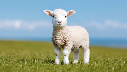 Obraz premium Energetic Lamb Playing in Vibrant Field under Clear Blue Sky