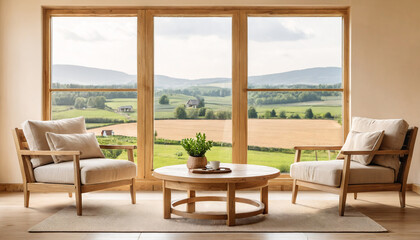 Fototapeta premium Living Room with Large Windows. A stylish reading nook featuring a cozy armchairs with a brown pillows and countryside view.