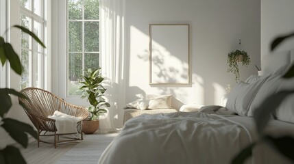 Fototapeta premium Bright and airy bedroom with a frame mockup on the wall, perfect for displaying prints or posters, embodying a stylish and welcoming vibe.
