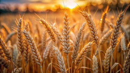 Fototapeta premium Golden wheat field at sunset, close-up view, rural agricultural landscape, warm lighting, copy space