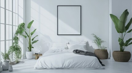 Bright and airy bedroom with a frame mockup on the wall, perfect for displaying prints or posters, embodying a stylish and welcoming vibe.