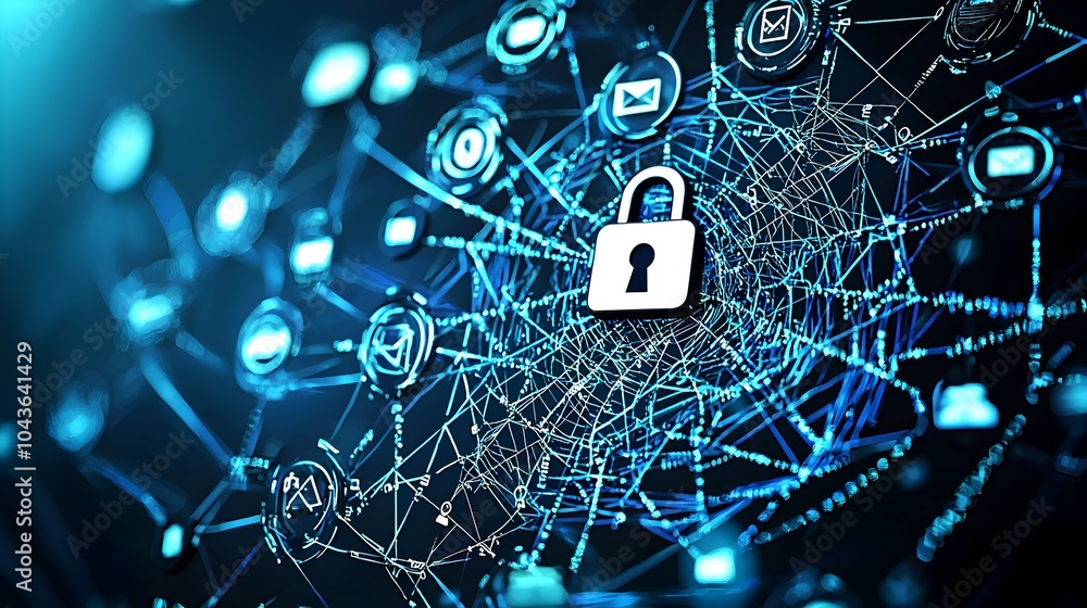 Aufkleber Tangled web of digital communication icons and lock symbol representing the complexities and interconnectedness of modern information technology and cybersecurity