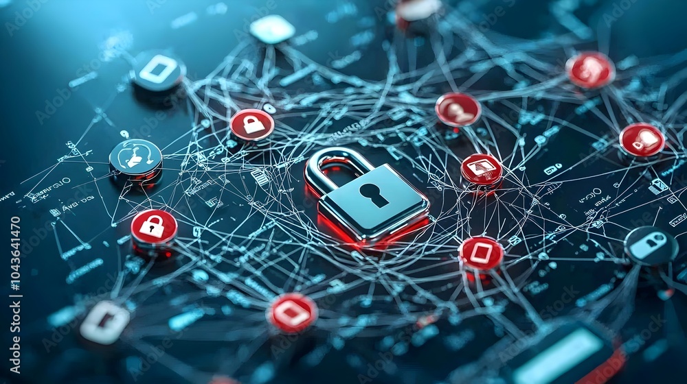 Aufkleber tangled web of fake digital messages phone icons and lock symbol representing security and communica