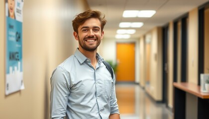 Fototapeta premium A smiling young man stands confidently in a brightly lit hallway of an office building during the day